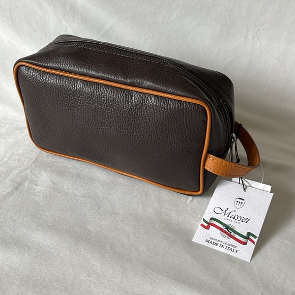Massei Genuine Leather Men's Toiletry Travel Bag Brown & Tan, Hand Made in Italy - Picture 1 of 8